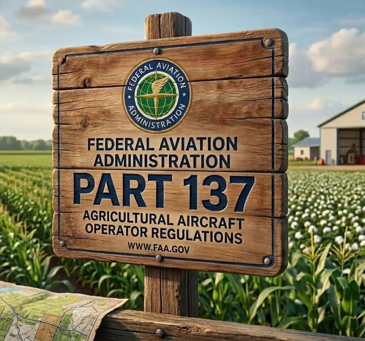 Wooden sign reading 'Federal Aviation Administration Part 137 Agricultural Aircraft Operator Regulations' in a cornfield, representing Farm-i-tude's FAA compliance