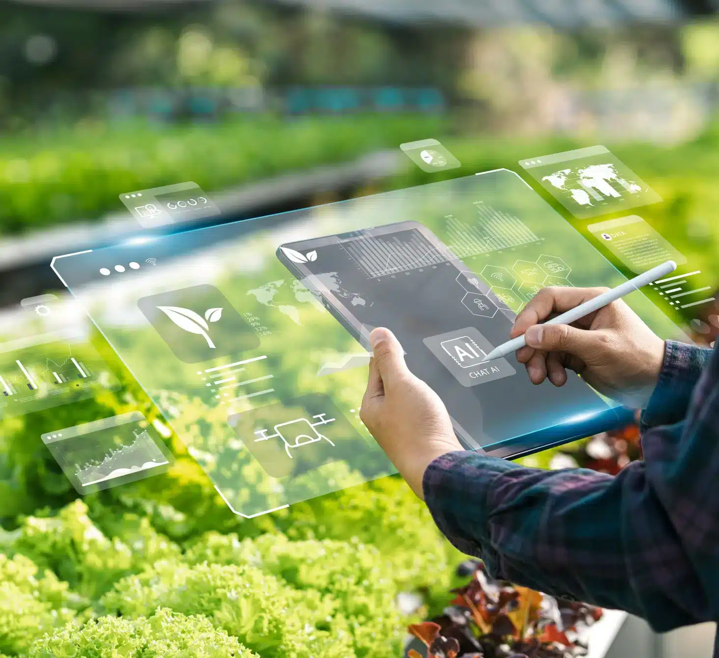 Hand using a digital tablet with AI and agricultural data overlays above a green crop field, representing Farm-i-tude's vision for the future of farming technology