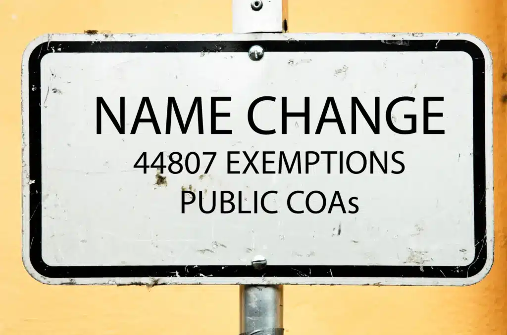 Road sign reading Name Change, 44807 Exemptions, Public COAs for FAA drone filings