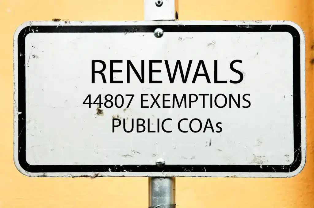 Road sign reading Renewals, 44807 Exemptions, Public COAs for FAA drone filings
